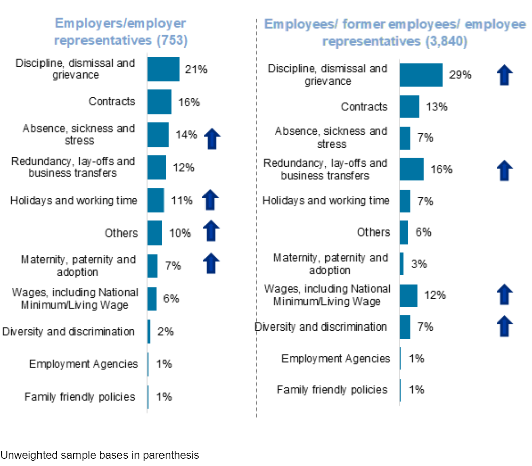 Bar charts showing the main subject covered was discipline, dismissal and grievance for both employers and employees.